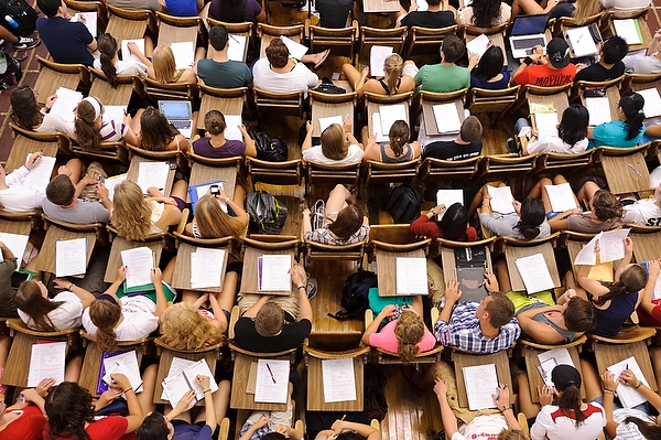 Overhead view of students in a lecture hall